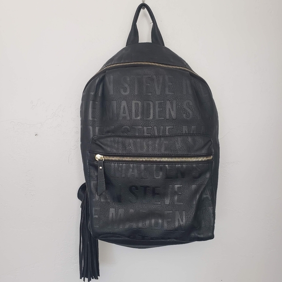 Steve Madden Black Logo Women's Backpack Gold Zipper Hardware Tassel Sateen - Picture 1 of 12